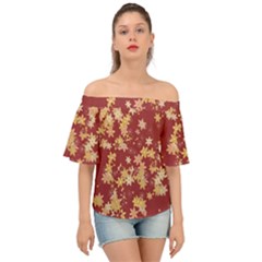 Gold And Tuscan Red Floral Print Off Shoulder Short Sleeve Top by SpinnyChairDesigns