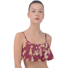 Gold And Tuscan Red Floral Print Frill Bikini Top by SpinnyChairDesigns