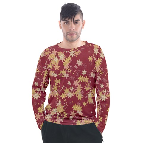 Gold And Tuscan Red Floral Print Men s Long Sleeve Raglan Tee by SpinnyChairDesigns