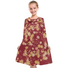 Gold And Tuscan Red Floral Print Kids  Midi Sailor Dress by SpinnyChairDesigns