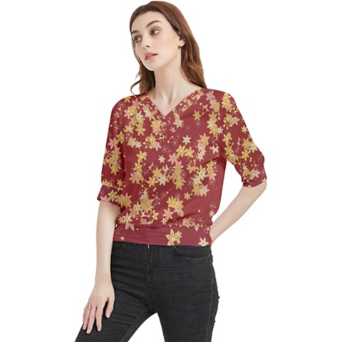 Gold And Tuscan Red Floral Print Quarter Sleeve Blouse by SpinnyChairDesigns