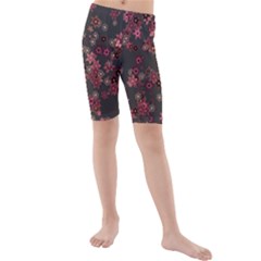 Pink Wine Floral Print Kids  Mid Length Swim Shorts by SpinnyChairDesigns