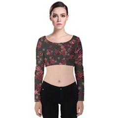 Pink Wine Floral Print Velvet Long Sleeve Crop Top by SpinnyChairDesigns