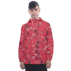 Red Wildflower Floral Print Men s Front Pocket Pullover Windbreaker by SpinnyChairDesigns