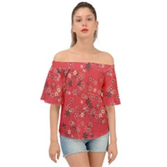 Red Wildflower Floral Print Off Shoulder Short Sleeve Top by SpinnyChairDesigns