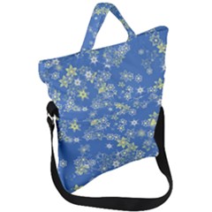 Yellow Flowers On Blue Fold Over Handle Tote Bag by SpinnyChairDesigns