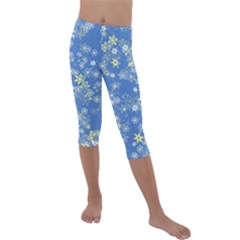 Yellow Flowers On Blue Kids  Lightweight Velour Capri Leggings  by SpinnyChairDesigns