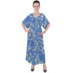 Yellow Flowers On Blue V-neck Boho Style Maxi Dress by SpinnyChairDesigns