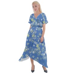 Yellow Flowers On Blue Cross Front Sharkbite Hem Maxi Dress by SpinnyChairDesigns