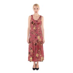 Gold And Rust Floral Print Sleeveless Maxi Dress by SpinnyChairDesigns