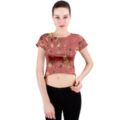 Gold And Rust Floral Print Crew Neck Crop Top by SpinnyChairDesigns