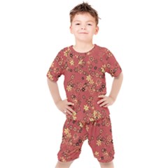 Gold And Rust Floral Print Kids  Tee And Shorts Set by SpinnyChairDesigns