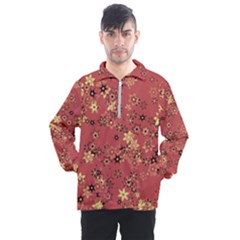 Gold And Rust Floral Print Men s Half Zip Pullover by SpinnyChairDesigns