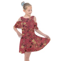 Gold And Rust Floral Print Kids  Shoulder Cutout Chiffon Dress by SpinnyChairDesigns