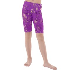 Gold Purple Floral Print Kids  Mid Length Swim Shorts by SpinnyChairDesigns