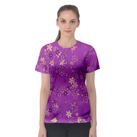 Gold Purple Floral Print Women s Sport Mesh Tee by SpinnyChairDesigns