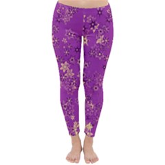 Gold Purple Floral Print Classic Winter Leggings