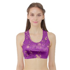 Gold Purple Floral Print Sports Bra With Border by SpinnyChairDesigns