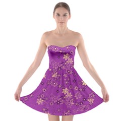 Gold Purple Floral Print Strapless Bra Top Dress by SpinnyChairDesigns