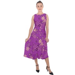 Gold Purple Floral Print Midi Tie-back Chiffon Dress by SpinnyChairDesigns