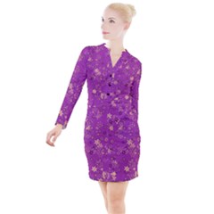 Gold Purple Floral Print Button Long Sleeve Dress by SpinnyChairDesigns