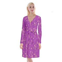 Gold Purple Floral Print Long Sleeve Velvet Front Wrap Dress by SpinnyChairDesigns