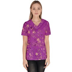 Gold Purple Floral Print Women s V-neck Scrub Top by SpinnyChairDesigns