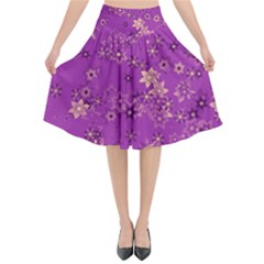 Gold Purple Floral Print Flared Midi Skirt by SpinnyChairDesigns