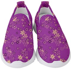 Gold Purple Floral Print Kids  Slip On Sneakers by SpinnyChairDesigns