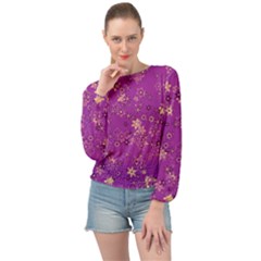 Gold Purple Floral Print Banded Bottom Chiffon Top by SpinnyChairDesigns