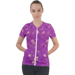 Gold Purple Floral Print Short Sleeve Zip Up Jacket by SpinnyChairDesigns