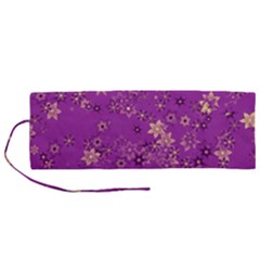 Gold Purple Floral Print Roll Up Canvas Pencil Holder (m) by SpinnyChairDesigns