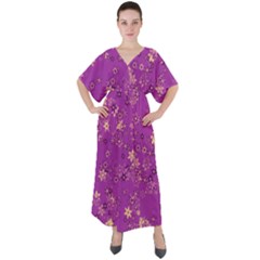 Gold Purple Floral Print V-neck Boho Style Maxi Dress by SpinnyChairDesigns