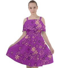 Gold Purple Floral Print Cut Out Shoulders Chiffon Dress by SpinnyChairDesigns
