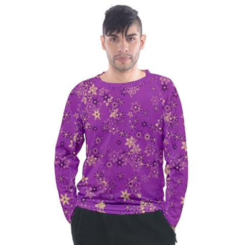 Gold Purple Floral Print Men s Long Sleeve Raglan Tee by SpinnyChairDesigns