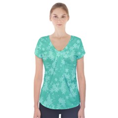 Biscay Green Floral Print Short Sleeve Front Detail Top by SpinnyChairDesigns