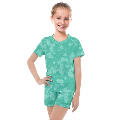 Biscay Green Floral Print Kids  Mesh Tee And Shorts Set by SpinnyChairDesigns