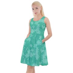 Biscay Green Floral Print Knee Length Skater Dress With Pockets by SpinnyChairDesigns