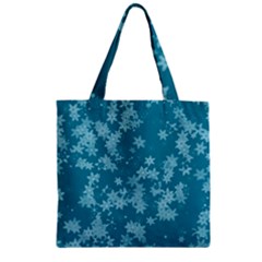 Teal Blue Floral Print Zipper Grocery Tote Bag by SpinnyChairDesigns