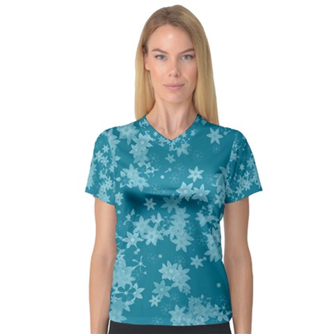 Teal Blue Floral Print V-neck Sport Mesh Tee by SpinnyChairDesigns