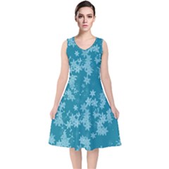 Teal Blue Floral Print V-neck Midi Sleeveless Dress  by SpinnyChairDesigns
