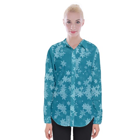 Teal Blue Floral Print Womens Long Sleeve Shirt by SpinnyChairDesigns