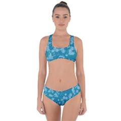 Teal Blue Floral Print Criss Cross Bikini Set by SpinnyChairDesigns