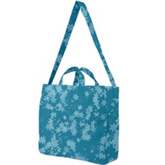 Teal Blue Floral Print Square Shoulder Tote Bag by SpinnyChairDesigns