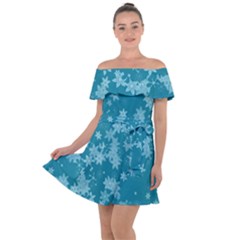 Teal Blue Floral Print Off Shoulder Velour Dress by SpinnyChairDesigns