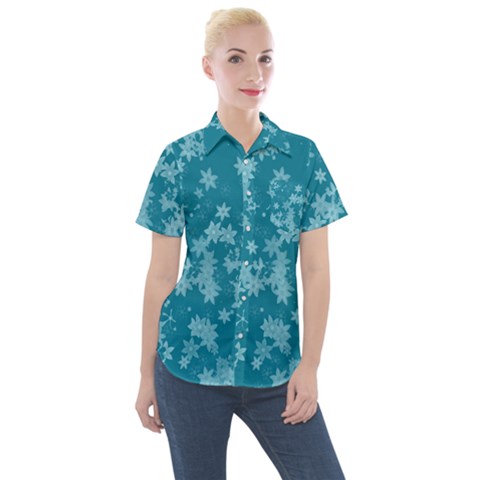 Teal Blue Floral Print Women s Short Sleeve Pocket Shirt by SpinnyChairDesigns