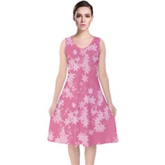 Blush Pink Floral Print V-neck Midi Sleeveless Dress  by SpinnyChairDesigns