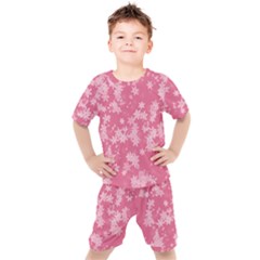 Blush Pink Floral Print Kids  Tee And Shorts Set by SpinnyChairDesigns