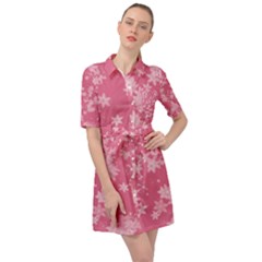 Blush Pink Floral Print Belted Shirt Dress