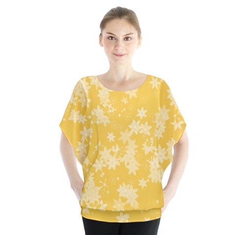 Saffron Yellow Floral Print Batwing Chiffon Blouse by SpinnyChairDesigns